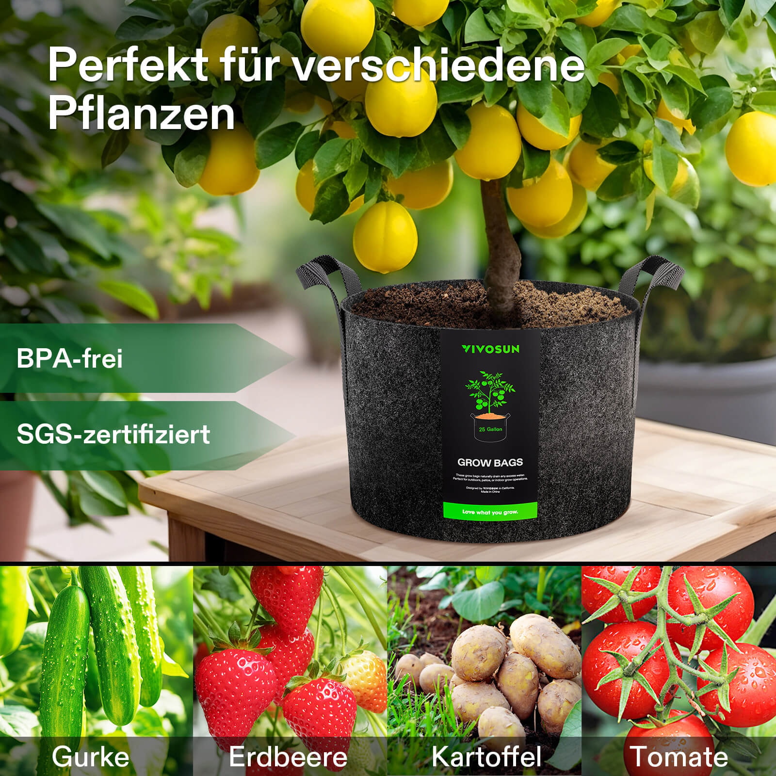 GROWMANIA 5er-Set Schwarze Quadratische Pflanztöpfe 14L – Aus Recyceltem Kunststoff, Mit Drainage, Für Innen & Außen