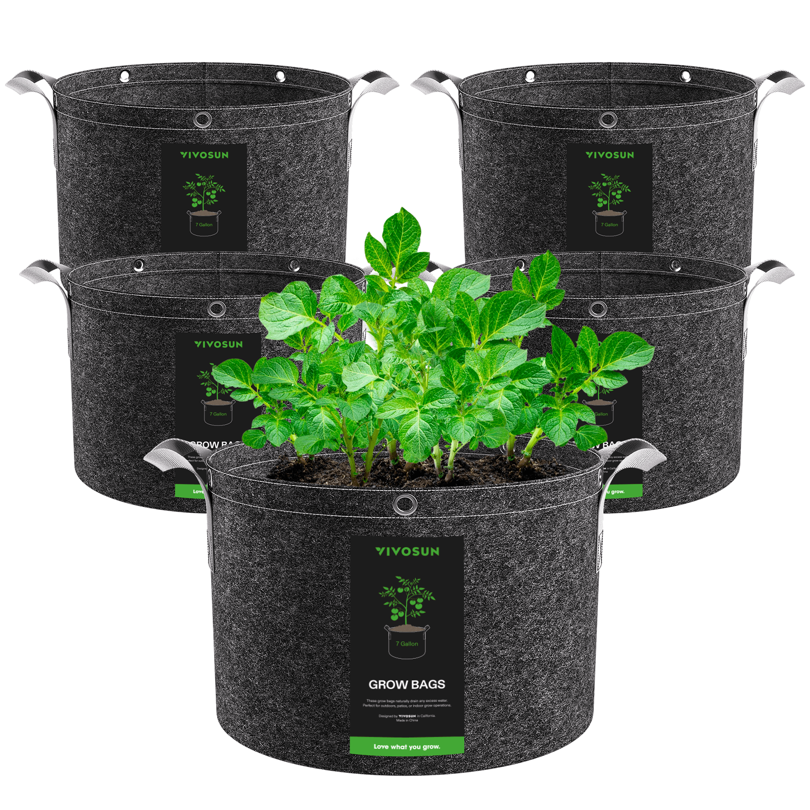 7 Gallon Grow Bags 5-Pack Black Thickened Nonwoven Fabric Pots with Handles, Multi-Purpose Rings