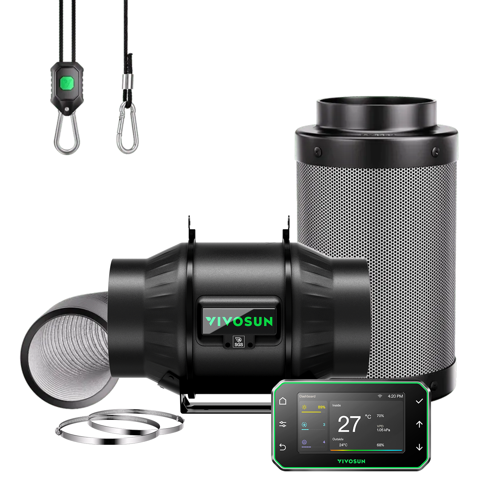 Smart Air Filtration PRO Kit 6" AeroZesh T6 Inline Duct Fan GrowHub E42A+ Temperature Humidity Controller Carbon Filter & Ducting Ventilation System Grow Tent Hydroponics