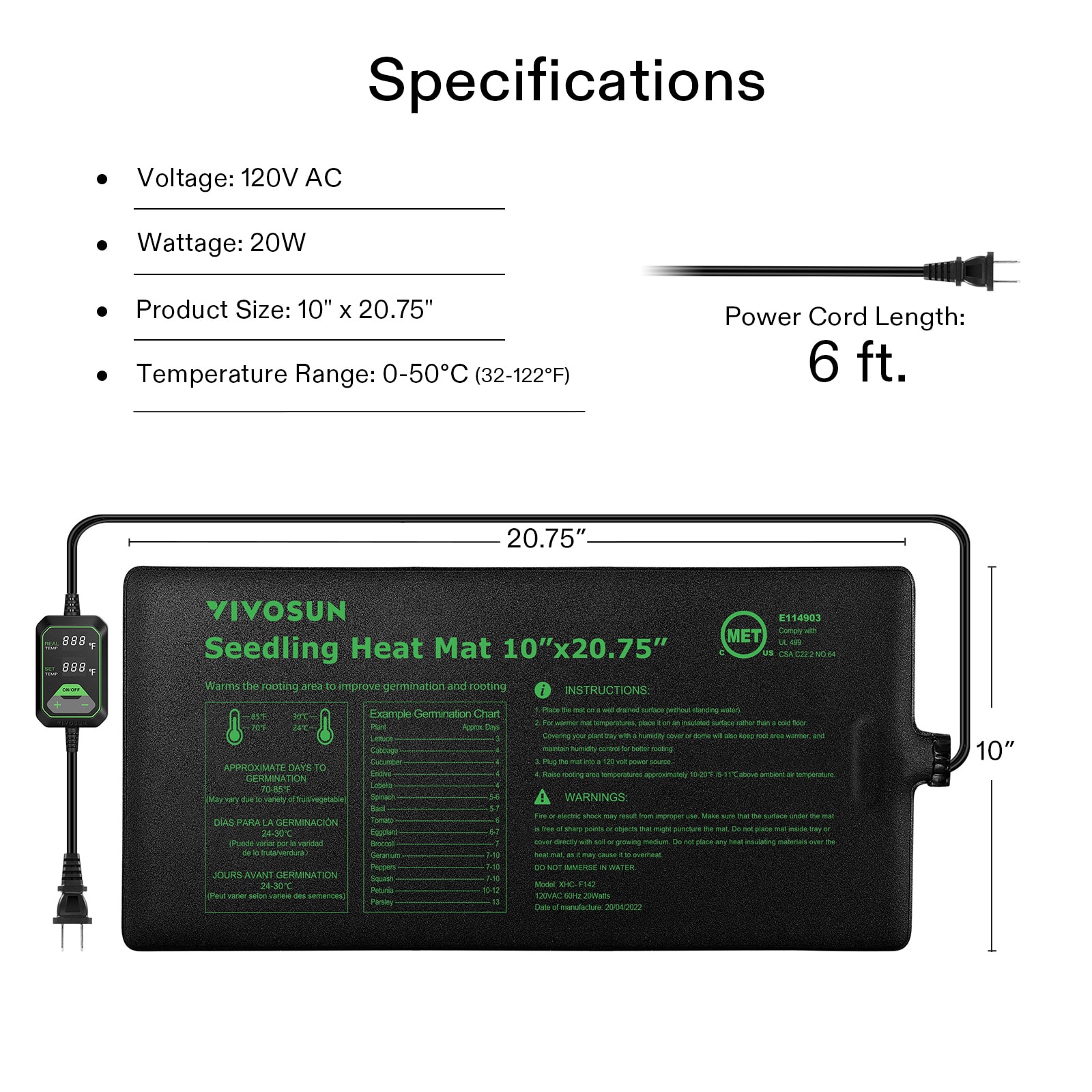 VIVOSUN 20x20.75 Seedling Heat Mat and Digital Thermostat Combo Set MET  Standard