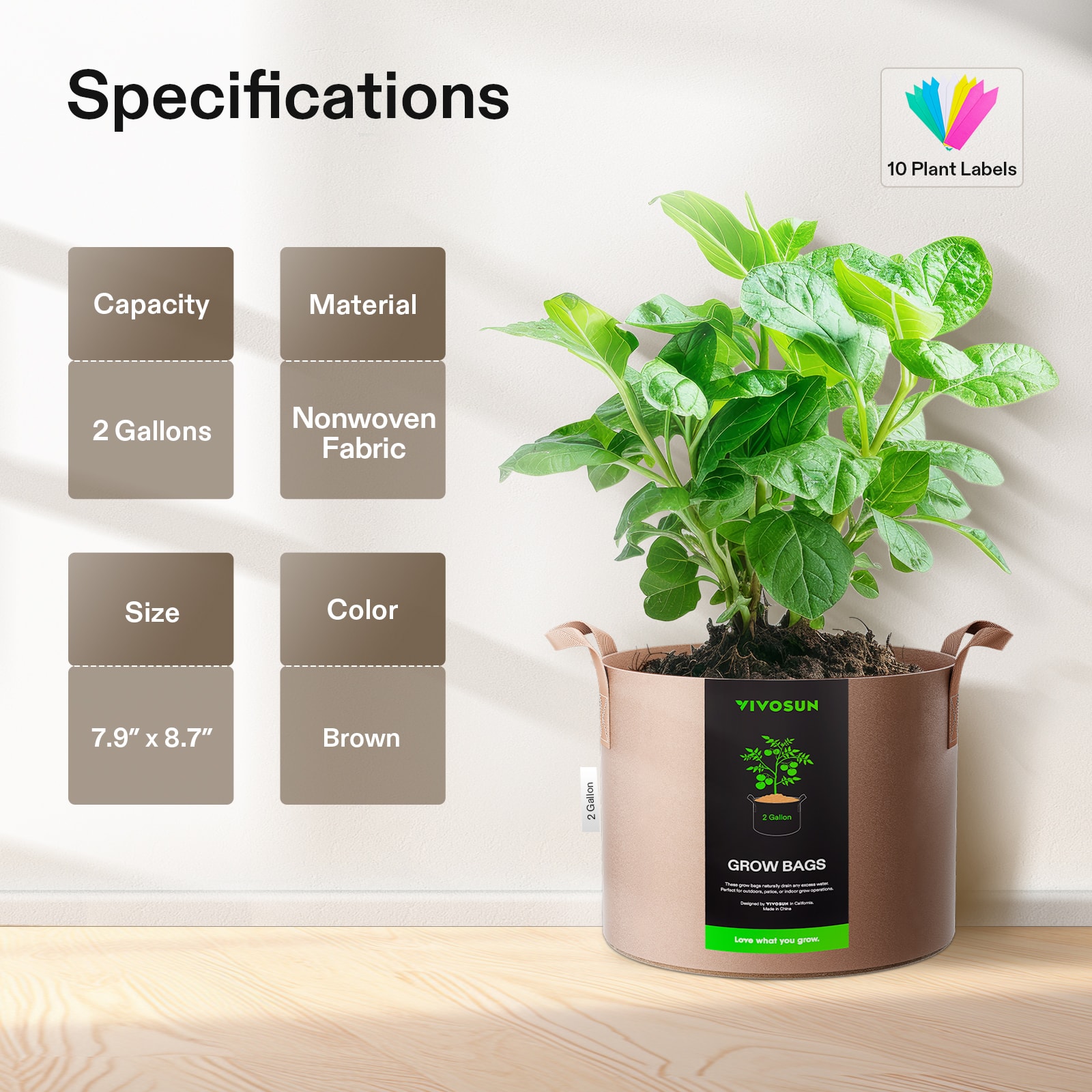 Vivosun Grow Bags with Strap Handles Tan 5-Pack