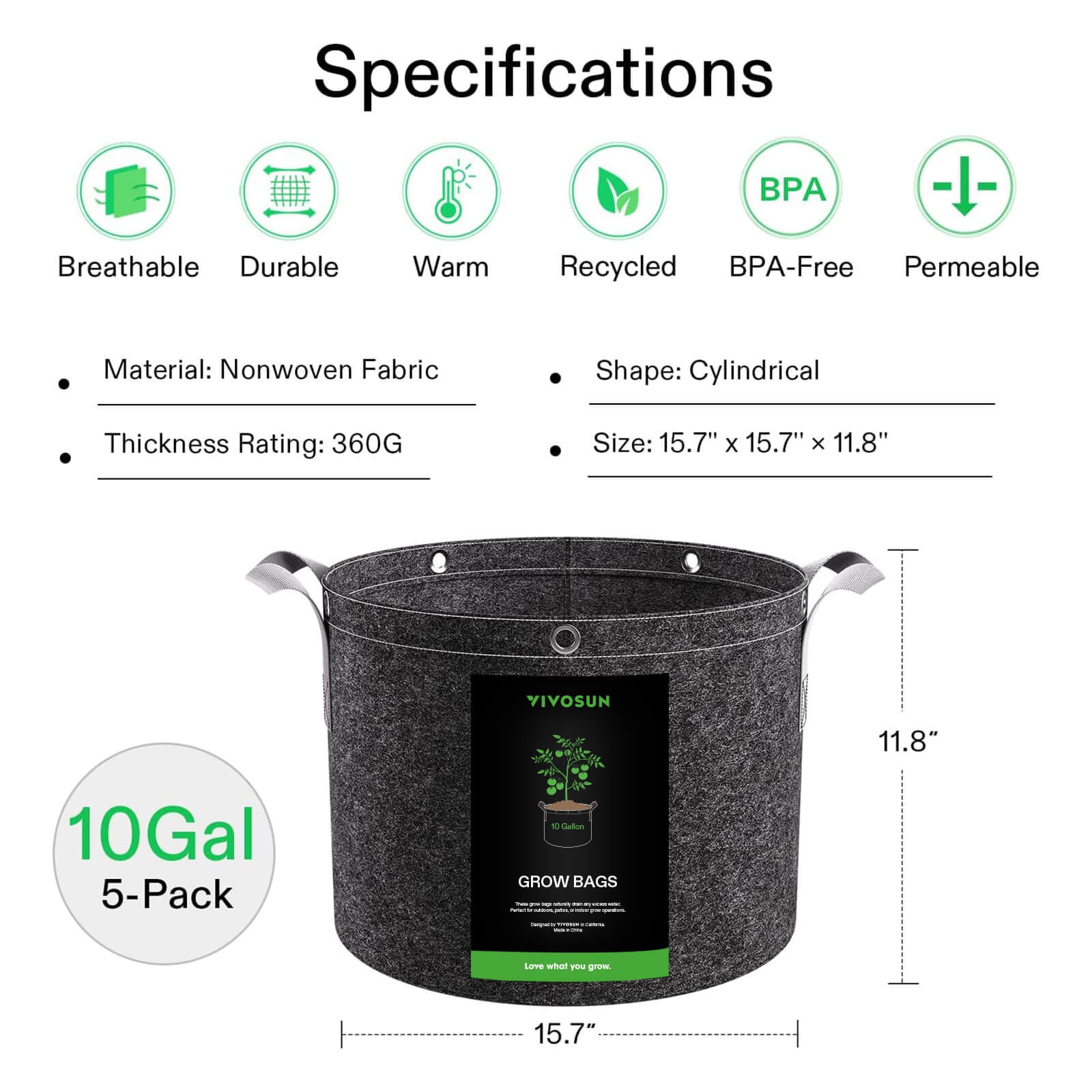10 Gallon Grow Bags Heavy Duty Thickened Nonwoven Aeration Fabric Pots With  Strap Handles For Gardening, Plant And Vegetables, Black - Temu