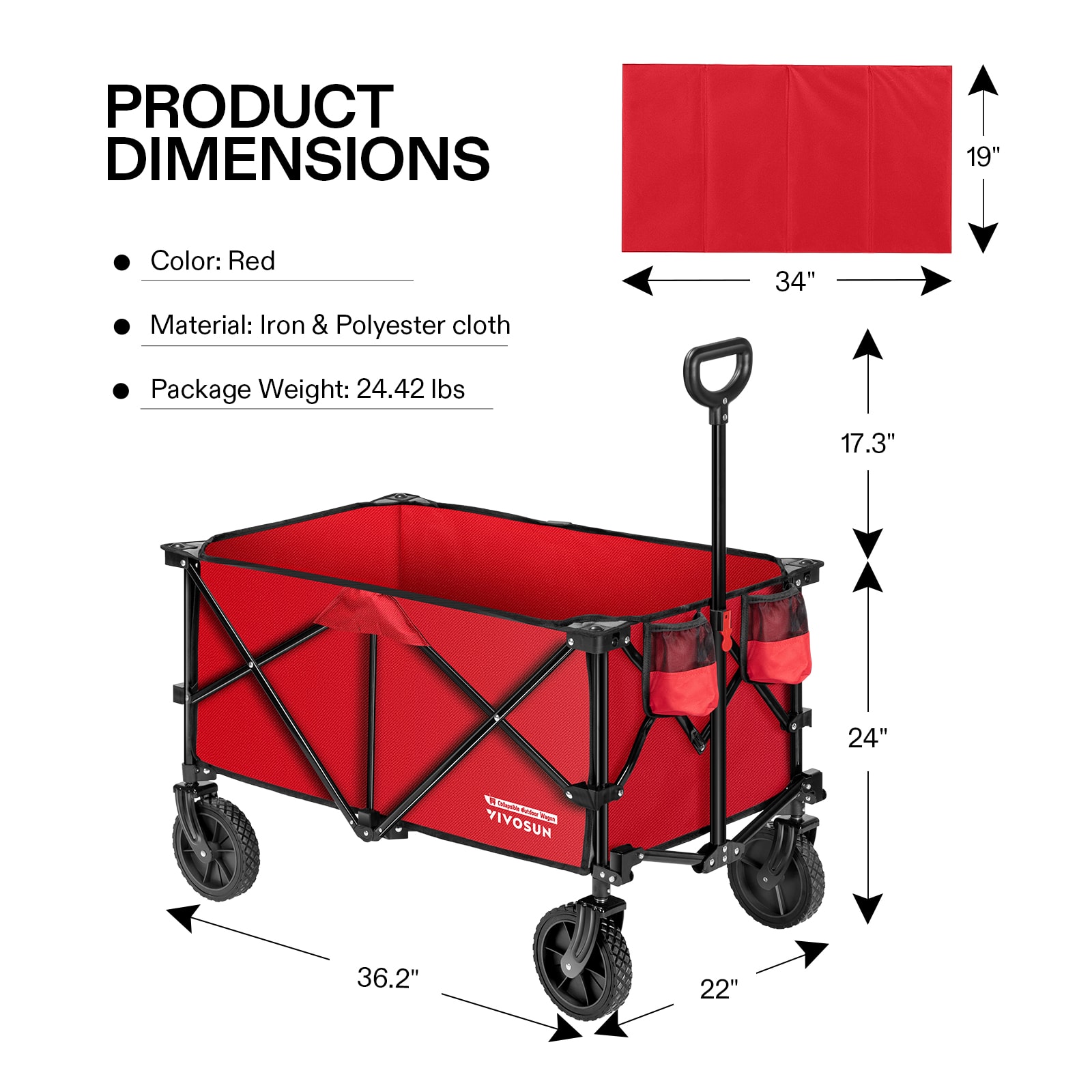 KITADIN Folding Garden Cart Outdoor Utility Collapsible Wagon Portable Heavy Duty Cart with Wheels Red 
