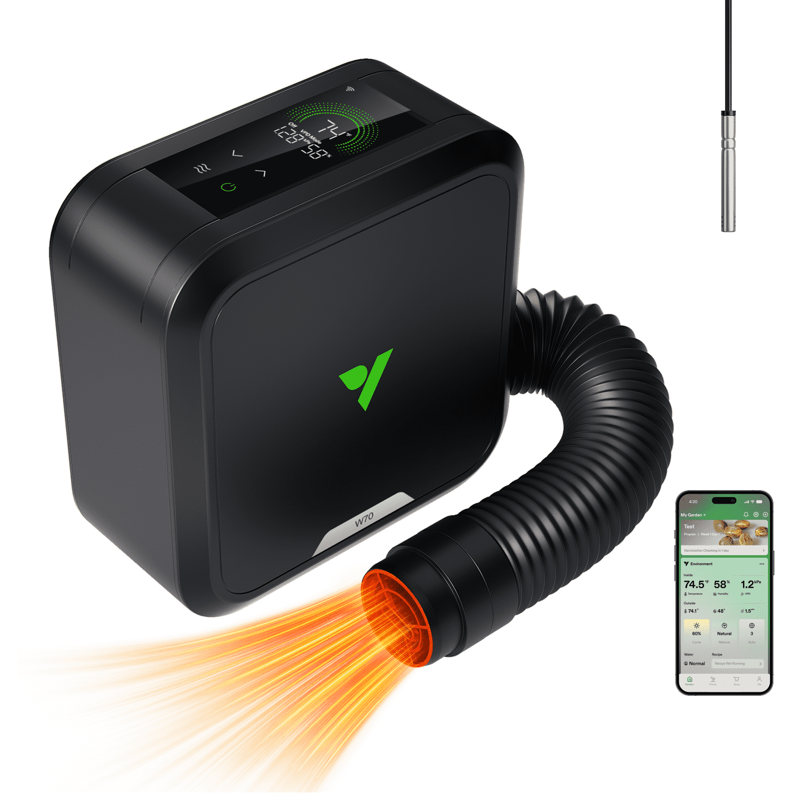 AeroFlux W70 PTC Grow Tent Heater with Thermostat, App & VPD Monitoring for Indoor Grow Tent Climate Control
