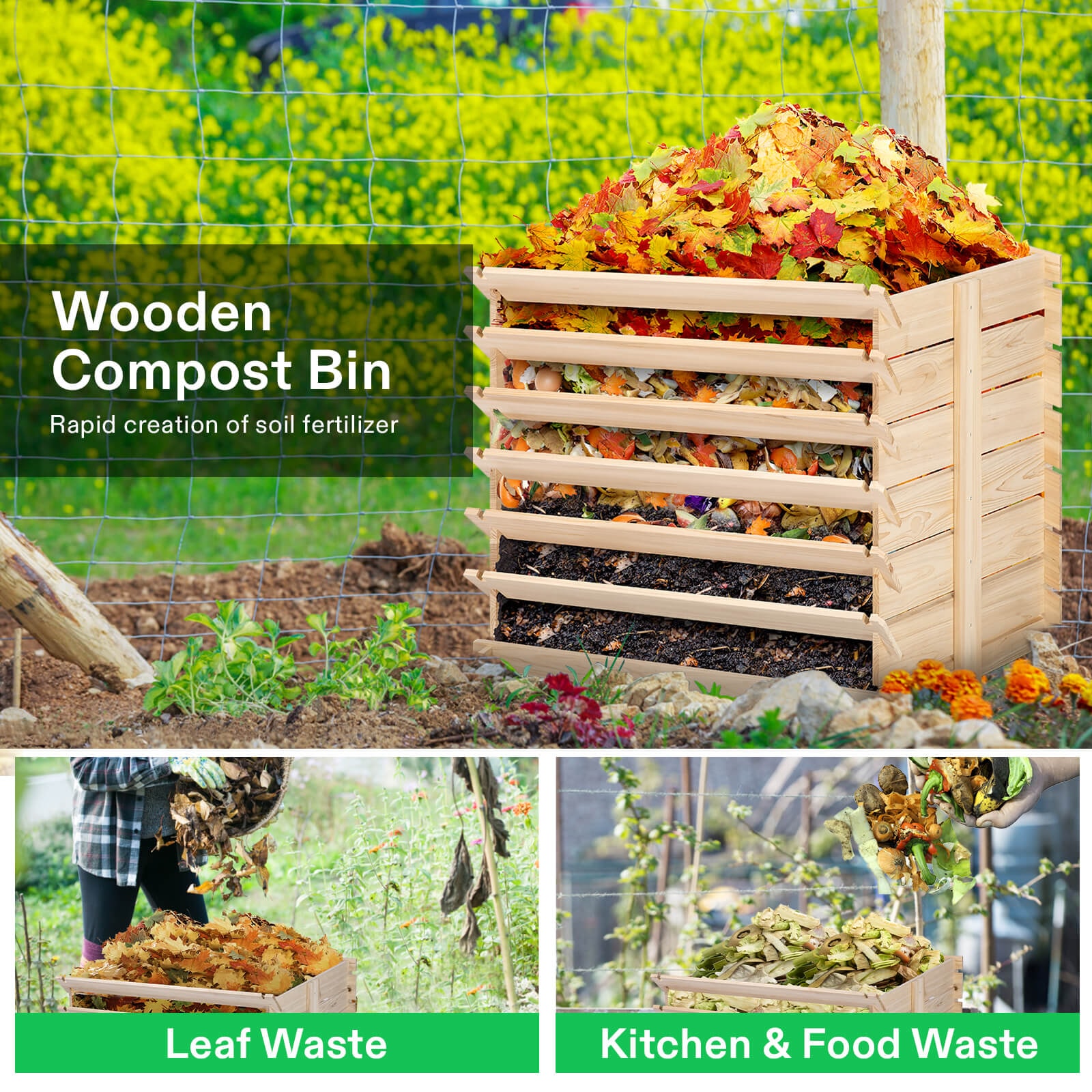 170 Gallon Wooden Compost Bin, Removable Front Door, Easy to Setup for Backyard, Lawn (Black with Gloves and Liner)