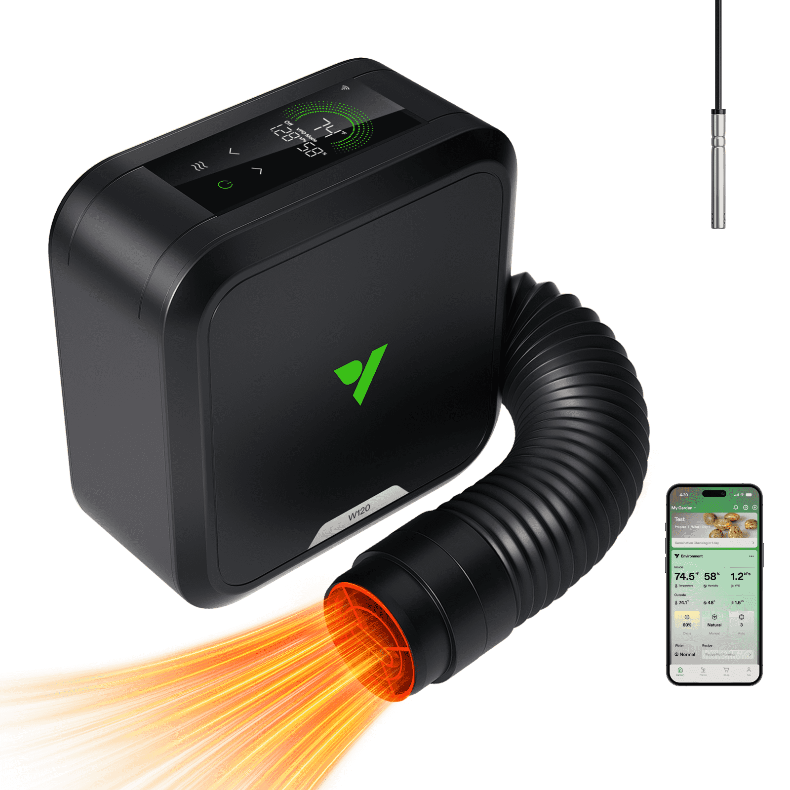 AeroFlux W120 PTC Grow Tent Heater with Thermostat, App & VPD Monitoring for Indoor Grow Tent Climate Control