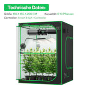 Smart Growbox Komplettset GIY-SGS-55 Pro 150 x 150 x 200 cm, Komplettsystem für 6 Pflanzen, mit WiFi E42A+ Controller, 3 x 200W AeroLight Wing LED Pflanzenlampe, 15 cm AeroZesh T6 Abluftset und AeroWave E6 Gen2 Gen2 Clip Fan