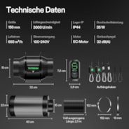 Smartes Abluftset 15 cm, AeroZesh T6 Rohrventilator mit E12 Geschwindigkeitsregler, Kohlefilter & Rohrkombination