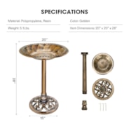 28” Polyresin Lightweight Antique Bird Bath for Outdoors, Gardens, Patio, Yard, Deck, Golden