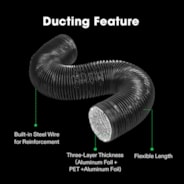 6 Inch 8 Feet Black Non-Insulated Flex Air Aluminum Ducting, w/Two 6 Inch Stainless Steel Clamps