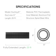 8 Inch 25 Feet Black Non-Insulated Flex Air Aluminum Ducting, w/Two 8 Inch Stainless Steel Clamps