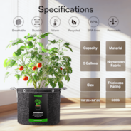 5 Gallon Grow Bags 5-Pack Black Thickened Nonwoven Fabric Pots with Handles, Multi-Purpose Rings