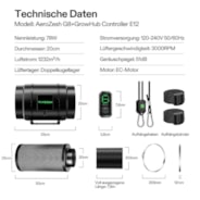 Smartes Abluftset 20 cm, AeroZesh G8 Rohrventilator mit E12-Geschwindigkeitsregler, Kohlefilter & Rohrkombination