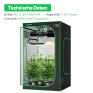 Smart Growbox Komplettset GIY-SGS-44 120 x 120 x 200 cm, Komplettsystem für 4 Pflanzen, mit WLAN E42A Controller, 400W AeroLight Wing SE LED Pflanzenlampe und 15 cm AeroZesh G6 Abluftset