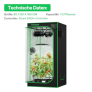 AUSVERKAUF | Smart Growbox Komplettset Pro 80 x 80 x 160 cm, Komplettsystem für 2 Pflanzen, mit WiFi E42A+ Controller, 100W AeroLight LED Pflanzenlampe, 10 cm AeroZesh T4 Abluftset und AeroWave E6 Gen2 Clip Fan
