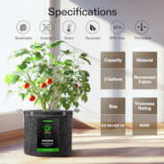 3 Gallon Grow Bags 5-Pack Black Thickened Nonwoven Fabric Pots with Handles, Multi-Purpose Rings