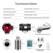 Luftfilterset R8 8″, Rohrventilator R8 mit variablem Drehzahlregler, Thermometer, Kohlefilter und Kanalkombination