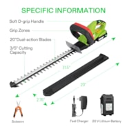 20'' Cordless Hedge Trimmer, 20V Electric Bush Trimmer, 1400 RPM Shrub Trimmer, Dual-Action Laser Blade, 3/5” Cutting Capacity, Lightweight & Compact Trimmer, Battery and Fast Charger Included