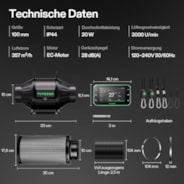 10 cm Smart Abluftset Pro T4 – Rohrventilator, GrowHub E42A+ Temperatur- & Feuchtigkeitscontroller, Aktivkohlefilter & Lüftungsschlauch – Belüftungs- und Filtersystem für Growbox & Hydrokultur