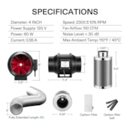 Air Filtration Kit R4 4″, Inline Fan R4 with Variable Speed Controller, Carbon Filter & Ducting Combo