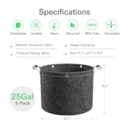 VIVOSUN 25 Gallon Grow Bags 5-Pack Black Thickened Nonwoven Fabric Pots with Handles, Multi-Purpose Rings