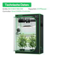 Smart Growbox Komplettset GIY-SGS-42 Pro 60 x 120 x 180 cm, Komplettsystem für 2 Pflanzen, mit WiFi E42A+ Controller, 200W AeroLight Wing LED Pflanzenlampe, 10 cm AeroZesh T4 Abluftset und AeroWave E6 Gen2 Gen2 Clip Fan