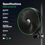 AeroWave E9 Clip-on Fan, EC Motor, Auto Oscillation Fan, Air Circulator For Grow Tent