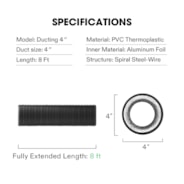 4 Inch 8 Feet Black Non-Insulated Flex Air Aluminum Ducting, w/Two 4 Inch Stainless Steel Clamps
