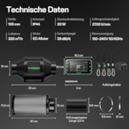 10 cm Smart Abluftset Pro G4 – Rohrventilator, GrowHub E42A+ WLAN-Controller, Aktivkohlefilter & Lüftungsschlauch für Growbox & Hydroponik
