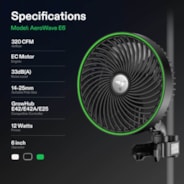 AeroWave E6 Clip-on Fan, EC Motor, Auto Oscillation Fan, Air Circulator For Grow Tent, Black