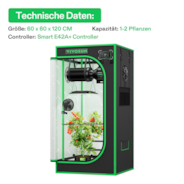 AUSVERKAUF | Smart Growbox Komplettset Pro 60 x 60 x 120 cm, Komplettsystem für 1 Pflanze, mit WiFi E42A+ Controller, 100W AeroLight LED Pflanzenlampe, 10 cm AeroZesh T4 Abluftset und AeroWave E6 Gen2 Clip Fan