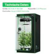 Smart Growbox Komplettset GIY-SGS-33 Pro 90 x 90 x 180 cm, Komplettsystem mit 3 Pflanzen, mit WiFi E42A Controller, 200W AeroLight Wing LED Pflanzenlampe, 10 cm AeroZesh T4 Abluftset und AeroWave E6 Gen2 Gen2 Clip Fan