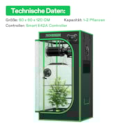 Smart Growbox Komplettset GIY-SGS-22 Pro 60 x 60 x 120 cm, Komplettsystem für 1 Pflanze, mit WiFi E42A Controller, 100W AeroLight LED Pflanzenlampe, 10 cm AeroZesh T4 Abluftset und AeroWave E6 Gen2 Gen2 Clip Fan