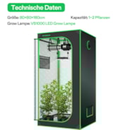 Standard Growbox Komplettset GIY-27 80x80x160cm, Komplettsystem für 2 Pflanzen, mit 150W VS1500 LED Pflanzenlampe, 10 cm Belüftungskombination