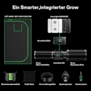 Smart Growbox Komplettset GIY-SGS-44 120 x 120 x 200 cm, Komplettsystem für 4 Pflanzen, mit WLAN E42A Controller, 400W AeroLight Wing SE LED Pflanzenlampe und 15 cm AeroZesh G6 Abluftset