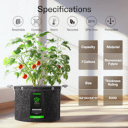 7 Gallon Grow Bags 5-Pack Black Thickened Nonwoven Fabric Pots with Handles, Multi-Purpose Rings