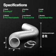 6 Inch 8 Feet Non-Insulated Flex Air Aluminum Ducting, w/Two 6 Inch Stainless Steel Clamps