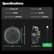 AeroWave D4, 4” Grow Tent Clip Fan with Detachable Hook, Black