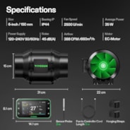 AeroZesh G6 Inline Fan 6″ with E42A+ Temp. Humidity WiFi Controller, PWM-Controlled EC Fan for Grow Tent Ventilation