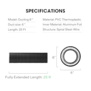 6 Inch 25 Feet Black Non-Insulated Flex Air Aluminum Ducting, w/Two 6 Inch Stainless Steel Clamps