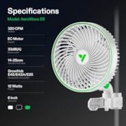 AeroWave E6 Clip-on Fan, EC Motor, Auto Oscillation Fan, Air Circulator For Grow Tent, White, 2 Pack