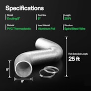 8 Inch 25 Feet Non-Insulated Flex Air Aluminum Ducting, w/Two 8 Inch Stainless Steel Clamps
