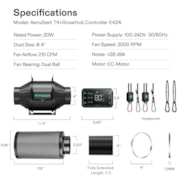 Smart Air Filtration Kit Pro 4″, AeroZesh T4 Inline Fan with E42A Temp. Humidity WiFi Controller, Carbon Filter & Ducting Combo