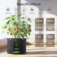 10 Gallon Grow Bags 5-Pack Black Thickened Nonwoven Fabric Pots with Handles, Multi-Purpose Rings