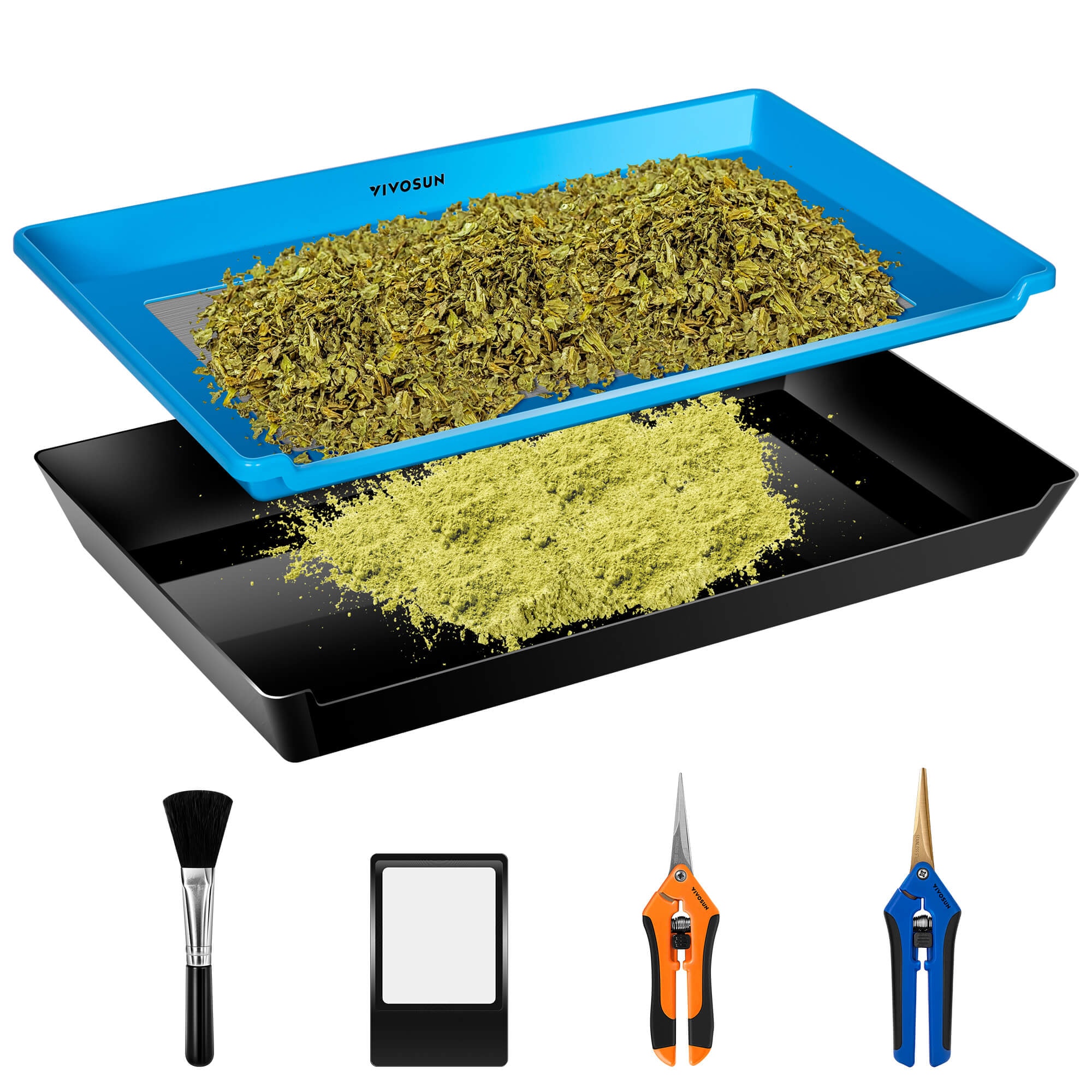 Heavy Duty 2-in-1 Trimming Tray for Herbs Collecting, Trimming Tray Set with 150 Micron Fine Mesh Screen and 2 Trimming Scissors Blue