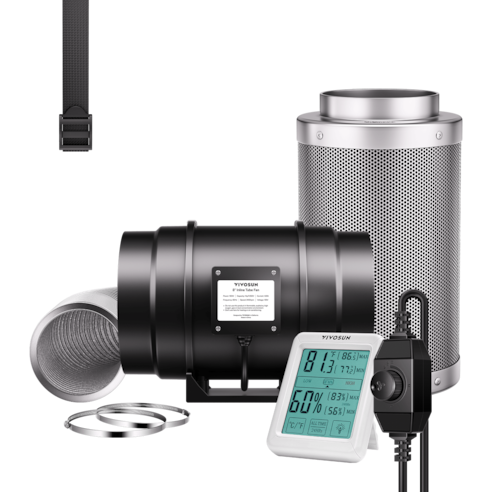 Luftfilterset R8 8″, Rohrventilator R8 mit variablem Drehzahlregler, Thermometer, Kohlefilter und Kanalkombination