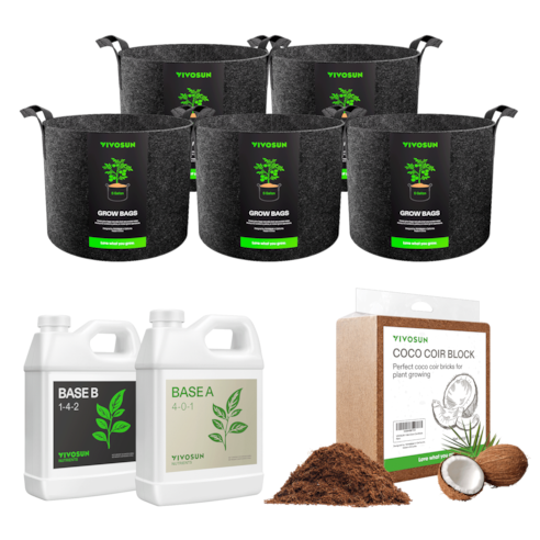 Grow Accessory Kit, with 5-Pack 5 Gallon Black Grow Bags, 32oz Nutrients Base A & B Bundle, and 11lbs Coco Coir Brick