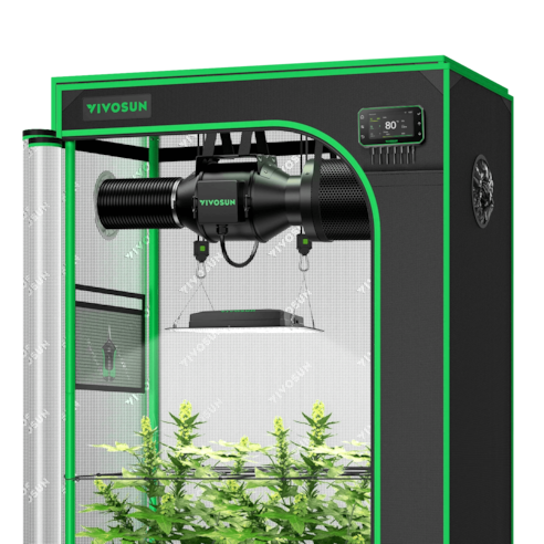 Smart Growbox Komplettset GIY-SGS-32 90 x 50 x 160 cm, Komplettsystem für 2 Pflanzen, mit WLAN E42A+ Controller, 100W AeroLight SE LED Pflanzenlampe und 10 cm AeroZesh G4 Abluftset