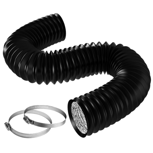 6 Inch 8 Feet Black Non-Insulated Flex Air Aluminum Ducting, w/Two 6 Inch Stainless Steel Clamps