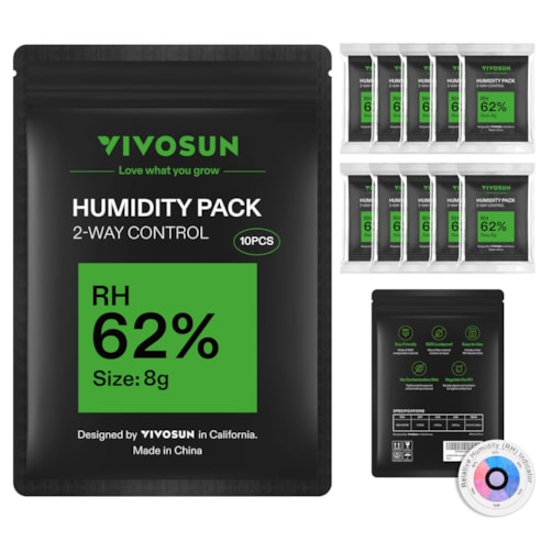 62% RH Two-Way Humidity Control Packs, Size 8 g, 10 Packs, Each for Storing 1 oz, Moisture Balancer with RH Indicator Card for Food & Herb Storage